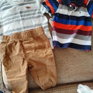 Tommy Hilfiger Striped Polo and Carter Long Sleeve & Brown Pants Set
